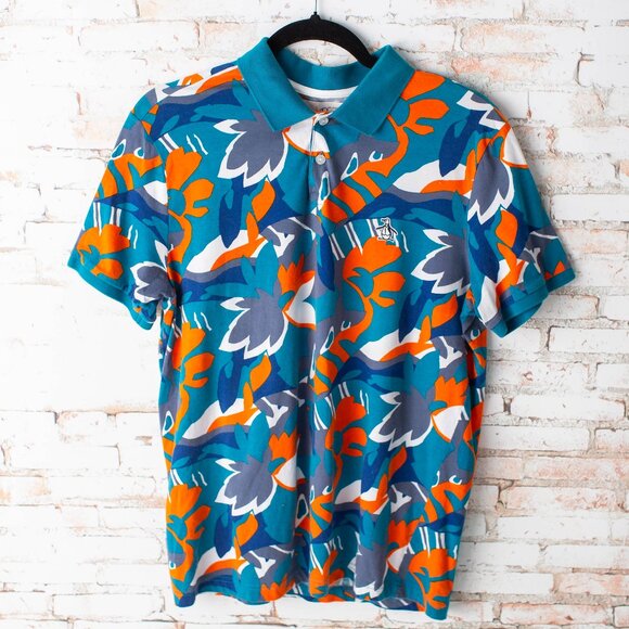 Original Penguin by Munsingwear Polo Shirt Men’s Medium Teal Orange Blue Floral - Picture 1 of 8